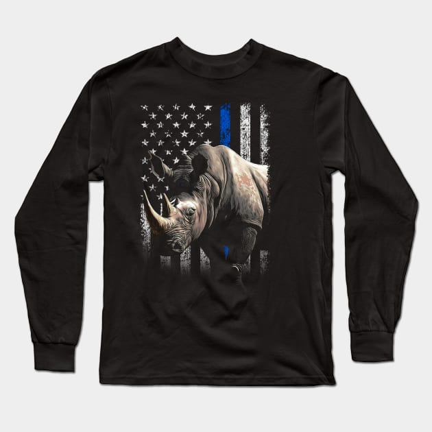 Rhino Royalty American Flag, Tee Triumph for Wildlife Enthusiasts Long Sleeve T-Shirt by Gamma-Mage